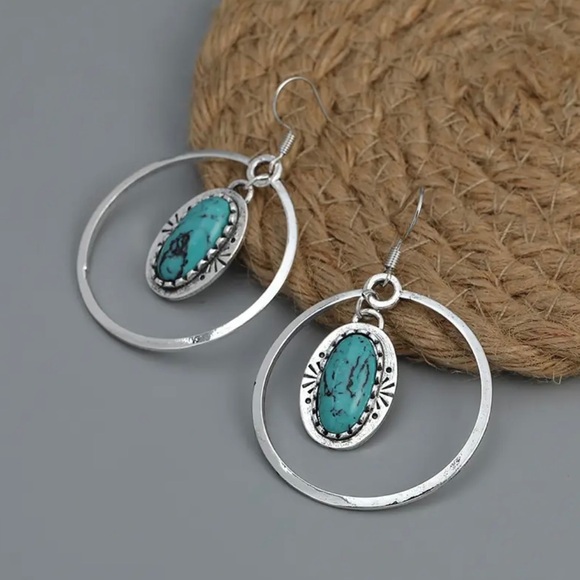 Bohemian Ethnic Style Hollow Round Shape with Oval Turquoise Dangle Earrings - Picture 2 of 5